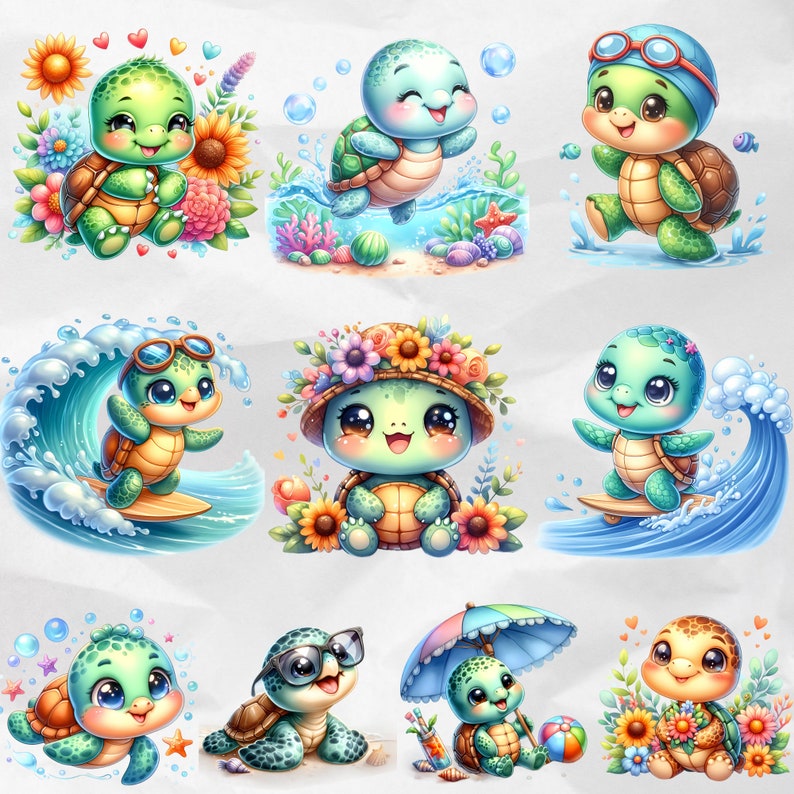 Create charming beach-themed designs with Baby Turtle Clipart, featuring cute watercolor turtle PNG graphics. Perfect for under the sea and summer projects, these sea turtle cliparts are great for commercial use.