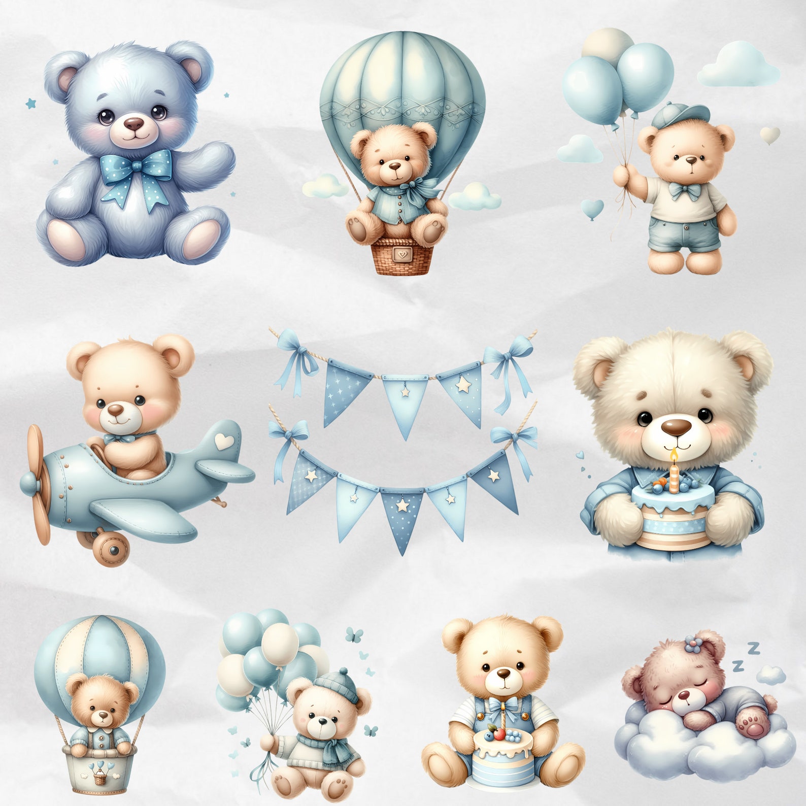 40 Watercolor Teddy Bear Clipart Blue Baby Shower Teddy Bear PNG Blue ...