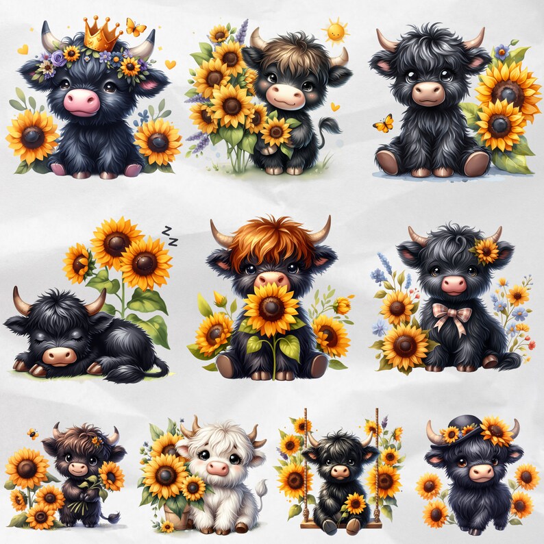 Sunflower Highland Cow Clipart Black Floral Highland Cows PNG Cute ...