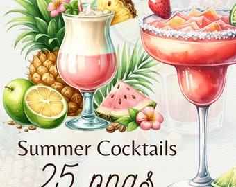 Op de afbeelding: Een set van 25 digitale illustraties van zomercocktails. De afbeeldingen tonen een verscheidenheid aan cocktails, waaronder margaritas, piña coladas en daiquiris. De cocktails zijn versierd met fruit, bloemen en andere zomerse elementen. De afbeeldingen zijn perfect voor gebruik in digitaal scrapbooken, kaart maken en andere creatieve projecten.