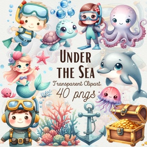 Clipart sottomarino dell'acquerello Cuccioli di oceano carino Animali dell'acquerello PNG Disegni di animali marini Sea Nursery Decor Baby Shower PNG Uso commerciale
