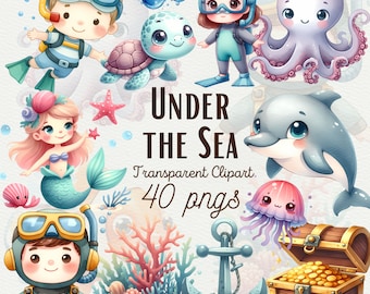 Watercolor Undersea Clipart Cute Ocean Baby Animals Watercolor Ocean PNG Sea Animal Designs Sea Nursery Decor Baby Shower PNG Commercial Use