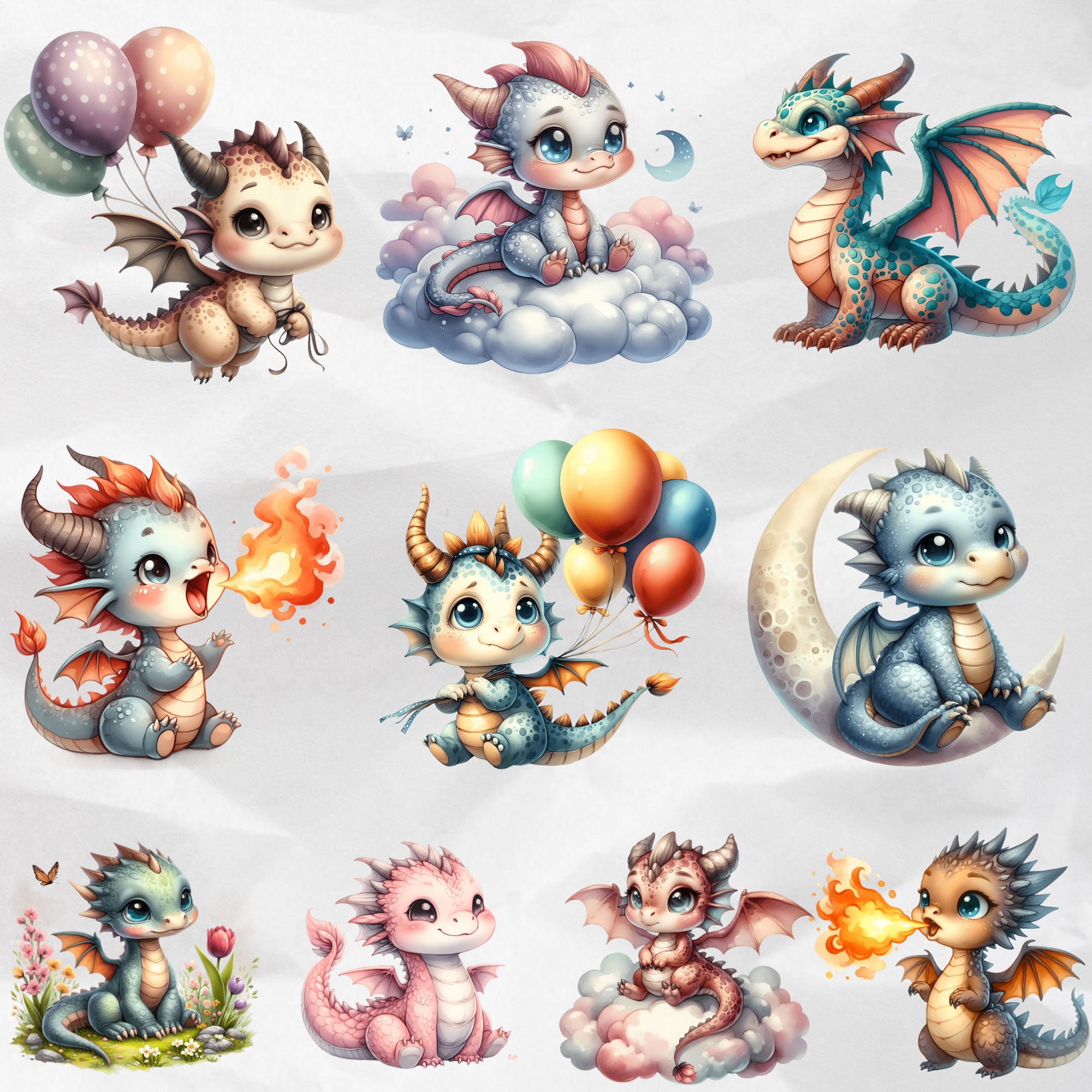 Cute Baby Dragon Clipart Bundle Watercolor Fantasy Dragon Clipart Cute ...
