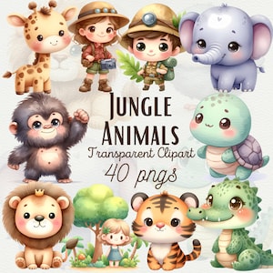 Safari Animals Clipart Acquerello Safari Animal PNG Cute Jungle Adventure Animals PNG Cute Safari Lion, Giraffa, Elefante, Uso commerciale