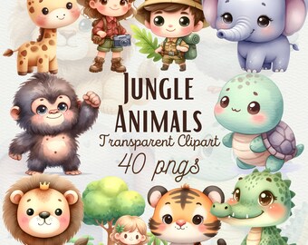 Safari Animals Clipart Watercolor Safari Animal PNG Cute Jungle Adventure Animals PNG Cute Safari Lion, Giraffe, Elephant, Commercial Use