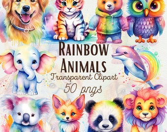 May include: Watercolor illustrations of various animals in rainbow colors, including a dog, tiger, bear, owl, elephant, dolphin, koala, fox, panda, and lion. The text "RAINBOW ANIMALS Transparent Clipart 50 pngs" is also visible.
