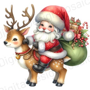 Watercolor Santa Claus Clipart Xmas Reindeer Clipart Christmas Santa Claus PNG Cute Reindeer Winter Holiday Decor Elements Commercial Use