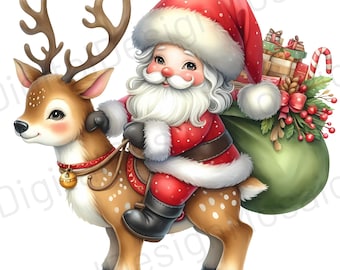 Santa Claus Riding Reindeer Clipart - Festive Holiday Graphics for DIY Projects
