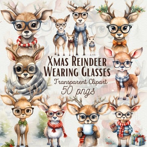 Simpatiche renne di Natale dell'acquerello con gli occhiali Clipart di renne dell'acquerello PNG Animali del bosco di Natale PNG Clipart di animali per bambini dell'acquerello