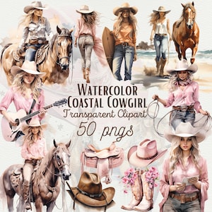Watercolor Coastal Cowgirl Clipart Cowgirl Bachelorette Watercolor Cowgirl Boots PNG Pink Cowgirl Invitation Western Cowgirl Sublimation