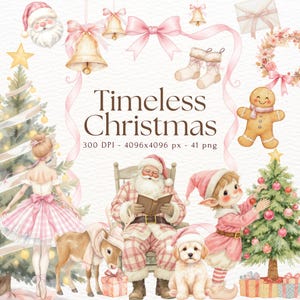 Puede incluir: Ilustración en acuarela con temática navideña. La imagen presenta a Papá Noel, un elfo, una bailarina y un cachorro, todos en rosa y blanco. Las palabras "Timeless Christmas" se muestran en el centro.