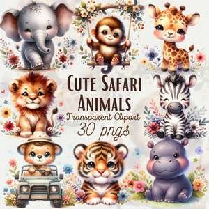 Clipart animaux de safari aquarelle bébé animal de safari PNG Animaux de la jungle mignons PNG Animaux floraux PNG Décoration de chambre de bébé Shower de bébé usage commercial