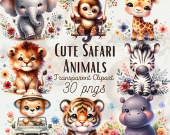 Safari Animals Clipart Watercolor Baby Safari Animal PNG Cute Jungle Animals PNG Floral Animals PNG Nursery Decor Baby Shower Commercial Use