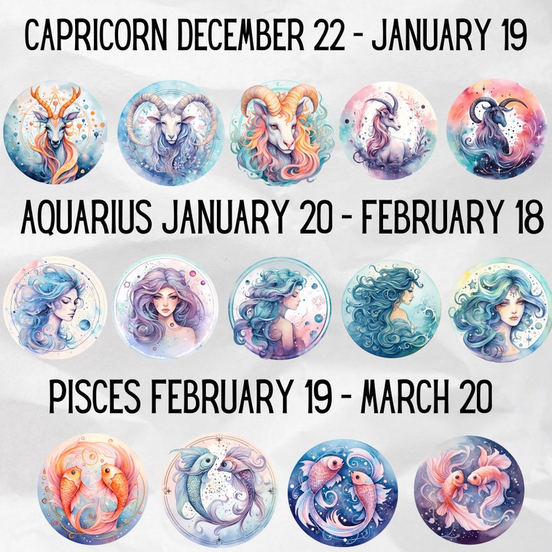 Navigate the zodiac with the Zodiac Sign Clipart Bundle – PNG Astrology illustrations for inspired designs. Elevate your Astrology Gifts and infuse celestial magic into Watercolor Scrapbook Paper Crafts. Commercial Use.