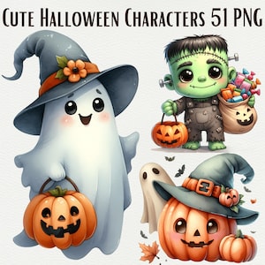 Carino acquerello personaggi di Halloween Clipart Carino fantasma PNG Felice Halloween PNG Bundle Strega Clipart Halloween Decor Designs Uso commerciale
