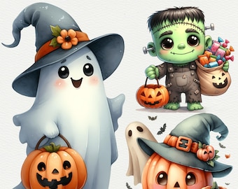 Lindos personajes de Halloween en acuarela Clipart Lindo fantasma PNG Feliz Halloween PNG Paquete de imágenes prediseñadas de brujas Diseños de decoración de Halloween Uso comercial
