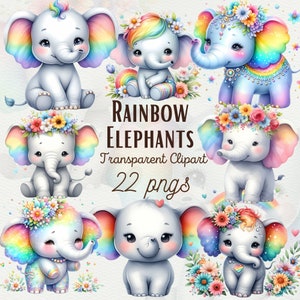 22 Bebê Elefante Clipart Arco-íris Elefante PNG Pacote Chá de Bebê Elefante Fofo PNG Decoração de Berçário Desenhos de Elefante Fofos PNG Uso Comercial
