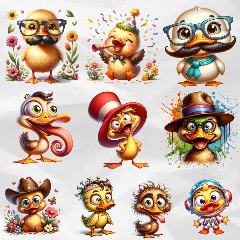 Create with the 40 Cute Funny Duck Clipart Bundle, featuring an array of funny cute bird PNGs. This bundle includes watercolor funny birds clipart for sublimation and commercial use, ideal for crafting playful and unique artwork.