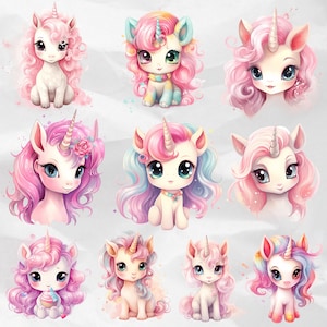 Enchanting Kawaii Clipart: Explore enchantment with kawaii unicorn and rainbow watercolor clipart. Perfect for baby party decor and creative projects. Commercial use allowed