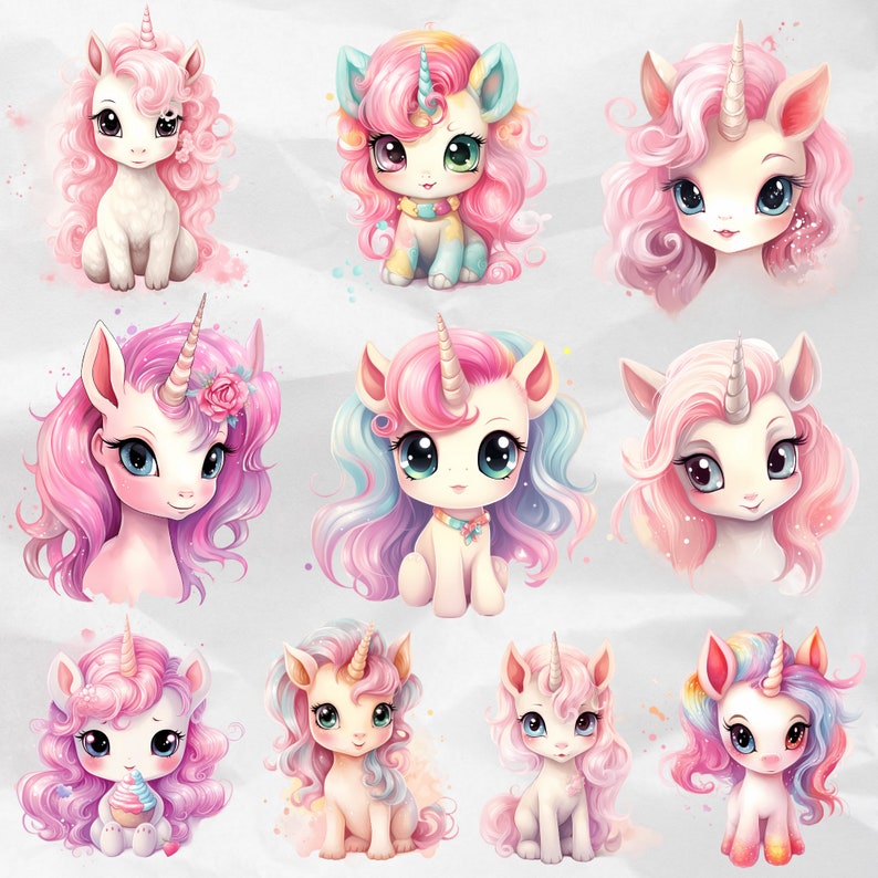Enchanting Kawaii Clipart: Explore enchantment with kawaii unicorn and rainbow watercolor clipart. Perfect for baby party decor and creative projects. Commercial use allowed
