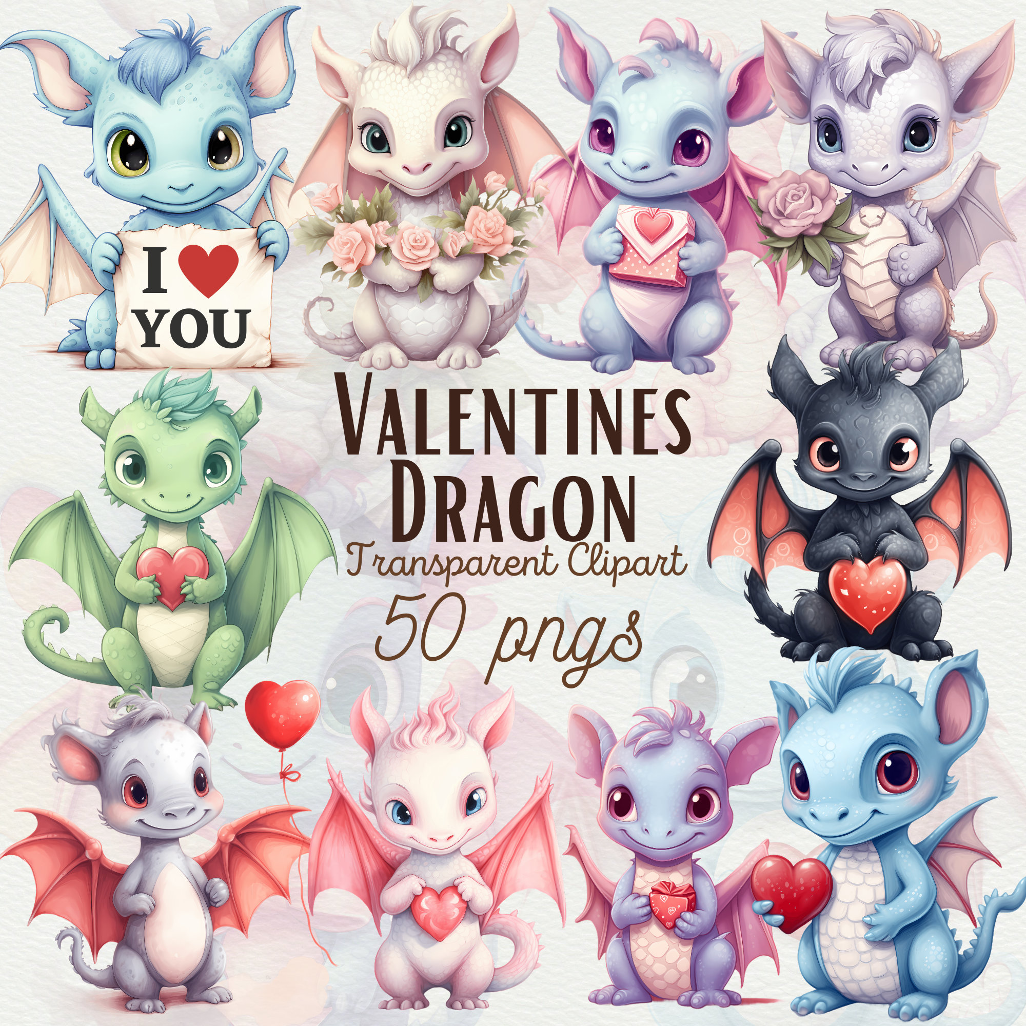 Cute Baby Dragon Watercolor Clipart, Valentines Fantasy PNG (commercial ...