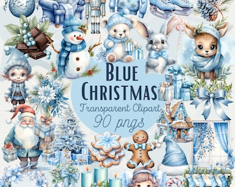 May include: Blue Christmas clipart set with 90 PNG images. Includes a snowman, gingerbread man, nutcracker, elf, reindeer, rabbit, and more.