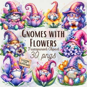 Watercolor Gnome Flower Clipart Cute Flower Gnome PNG Spring Gnome PNG Nursery Spring Flower Clipart Gnome PNG sublimation Commercial Use