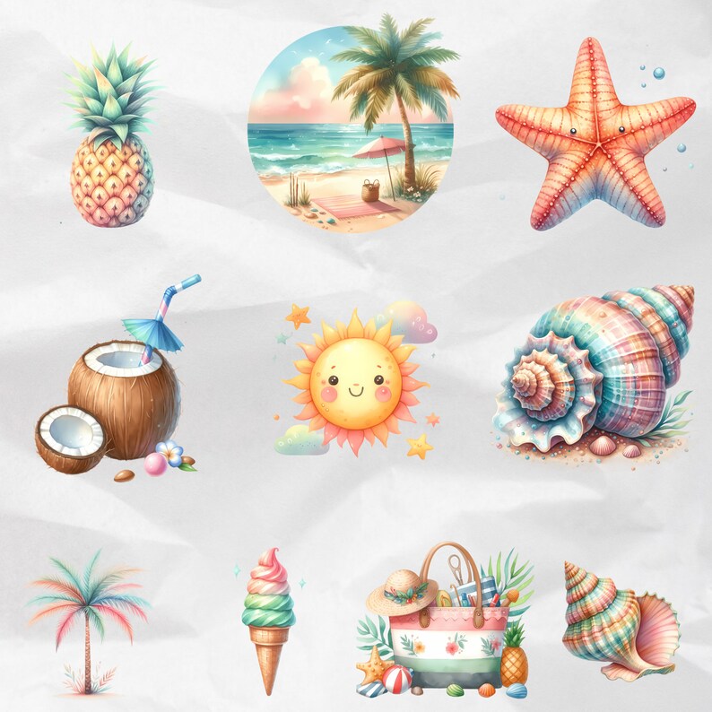 Create vibrant summer artwork with the Watercolor Summer Vibes Collection Clipart. Featuring pool party PNG, vacation graphics, and beach clipart, this collection is perfect for commercial use.