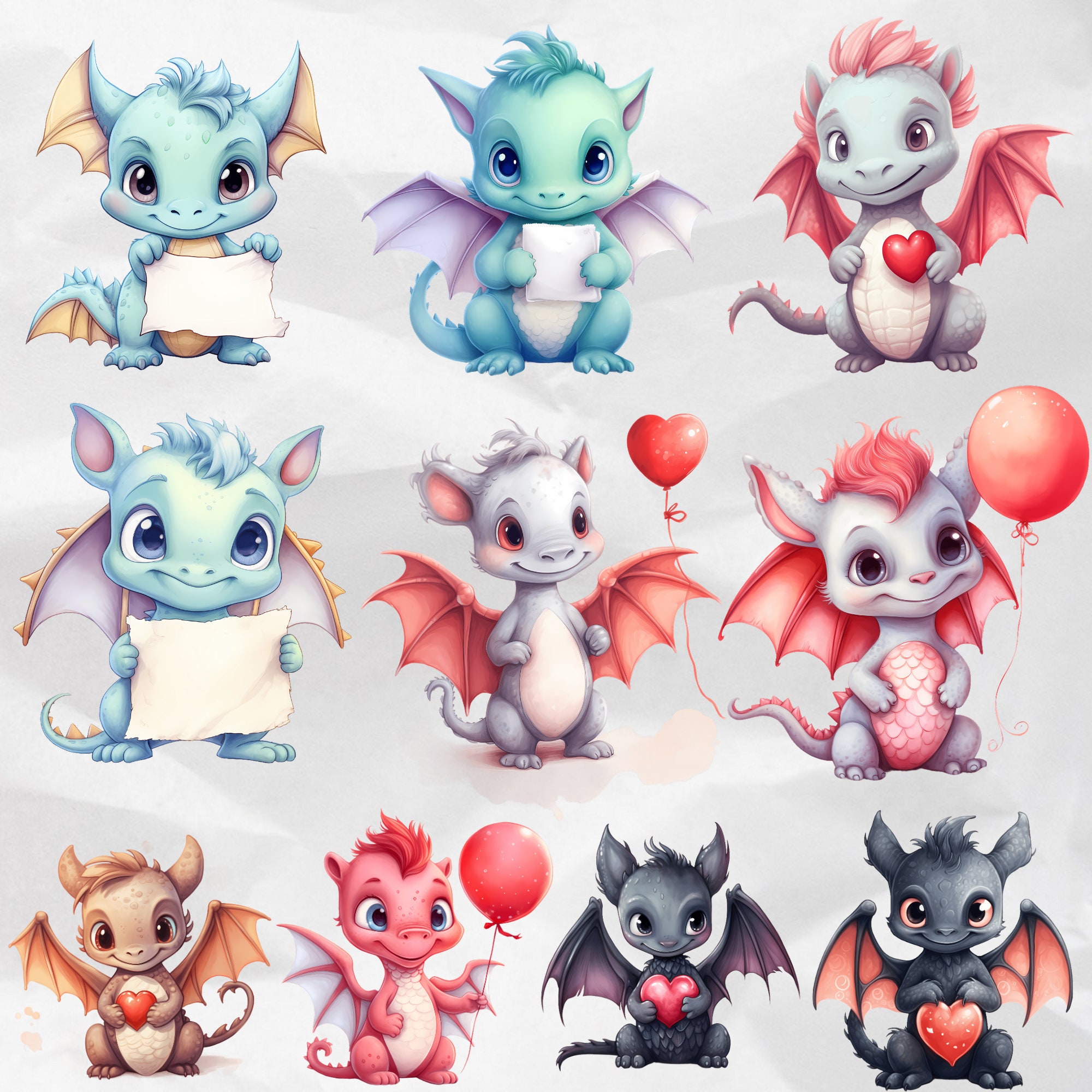 Cute Baby Dragon Clipart Bundle Watercolor Valentines Day Clipart ...