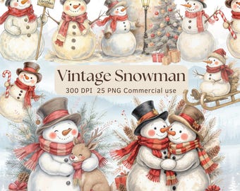 Vintage Snowman Clipart Bundle - Charming Christmas Graphics for Crafts (Commercial use, 25 PNGs)