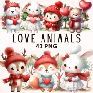 Aquarell Valentinstag Clipart Aquarell Liebe Baby-Tiere Niedlich Waldtiere PNG Romantische Clipart Niedlich Valentine PNG Kommerzielle Nutzung