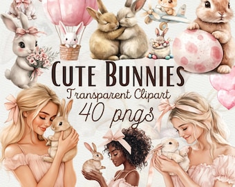Aquarell Osterhase Clipart Niedliche Osterhasen PNG Aquarell Ostern Clipart Rosa Baby-Kaninchen Clipart PNG Kinderzimmer Dekor Kommerzielle Nutzung
