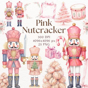 Peut inclure: Illustration à l'aquarelle avec des casse-noisettes roses, un sapin de Noël, des cadeaux et d'autres éléments de fête. Le texte "Pink Nutcracker" est affiché. L'image est au format PNG avec une résolution de 4096x4096 pixels.