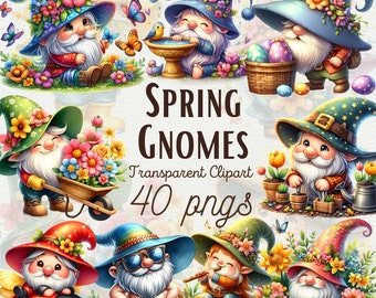 Watercolor Spring Gnome Clipart, Flower Garden PNG (Commercial Use)