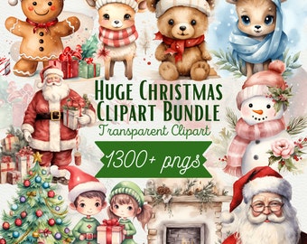 Peut inclure: Un lot de clipart numérique avec des illustrations aquarelle de personnages et d'objets de Noël. Le lot comprend un bonhomme en pain d'épices, le Père Noël, un bonhomme de neige, un renne, un ours, des lutins, une cheminée et un sapin de Noël. Le texte "HUGE CHRISTMAS CLIPART BUNDLE" et "1300+ pngs" est affiché sur un fond vert.