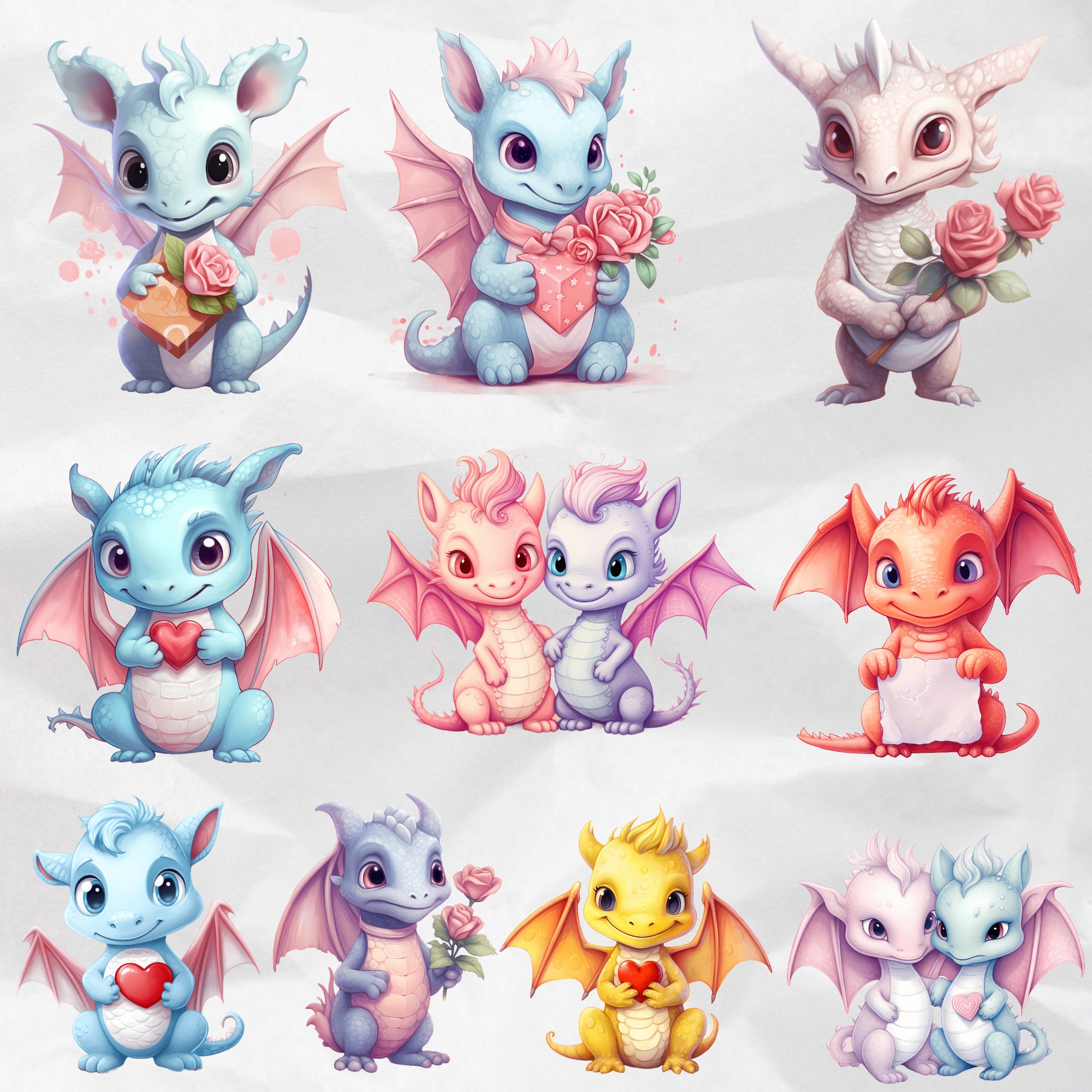 Cute Baby Dragon Clipart Bundle Watercolor Valentines Day Clipart ...