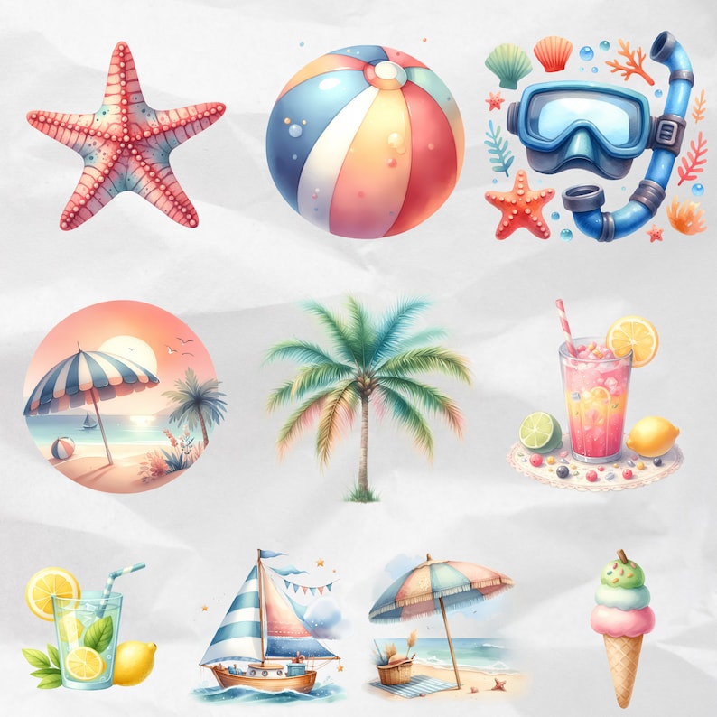 Bring the summer spirit to your designs with the Watercolor Summer Vibes Collection Clipart. This bundle includes summer PNG clipart, pool party elements, and beach graphics for commercial use.