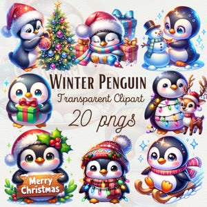 Pingüino de invierno Clipart PNG Pingüino de Navidad Clipart Pingüino de acuarela Clipart Lindo bebé Animal de invierno PNG Descarga digital Uso comercial