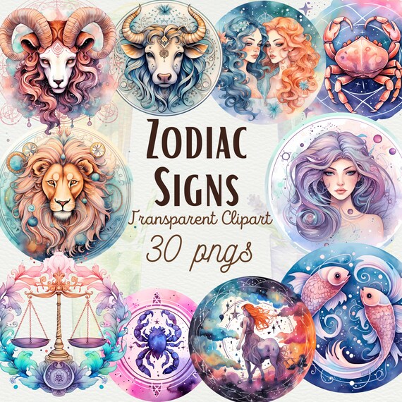Watercolor Zodiac Sign Clipart Bundle: Astrology PNG Graphics (Commercial Use)