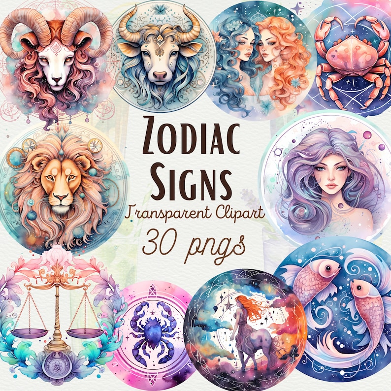 Puede incluir: Un conjunto de 12 ilustraciones de acuarela de signos del zod&iacute;aco. Cada signo se representa en un c&iacute;rculo con un fondo celestial. Los signos incluyen Aries, Tauro, G&eacute;minis, C&aacute;ncer, Leo, Virgo, Libra, Escorpio, Sagitario, Capricornio, Acuario y Piscis. El texto "Zodiac Signs Transparent Clipart 30 pngs" est&aacute; escrito en el centro de la imagen.