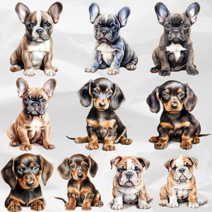 Whimsical Watercolor Puppy Dogs Clipart - Cute Dog Breeds in PNG Bundle. Create with Adorable Puppy PNG Bundle, Perfect for Cute Animal Designs. Commercial Use
