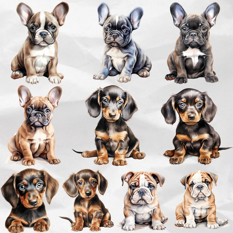 Whimsical Watercolor Puppy Dogs Clipart - Cute Dog Breeds in PNG Bundle. Create with Adorable Puppy PNG Bundle, Perfect for Cute Animal Designs. Commercial Use