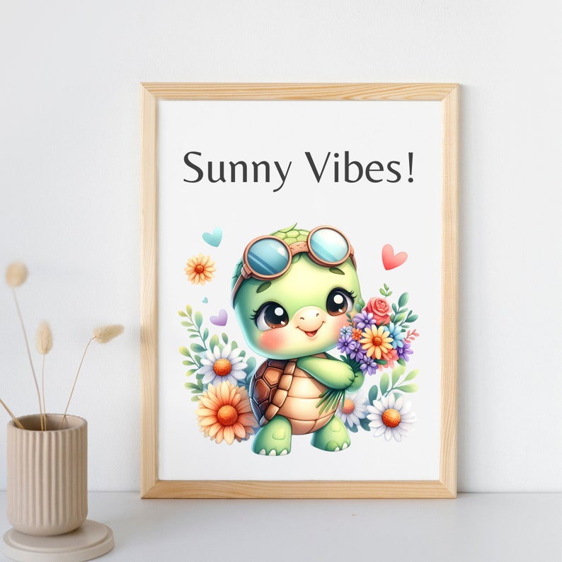May include: A framed print with the text "Sunny Vibes!" and a cartoon illustration of a green turtle wearing aviator sunglasses and holding a bouquet of colorful flowers.