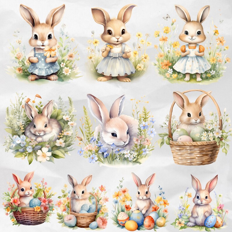 Watercolor Floral Bunny Clipart Bunnies and Wildflowers Clipart Nursery ...