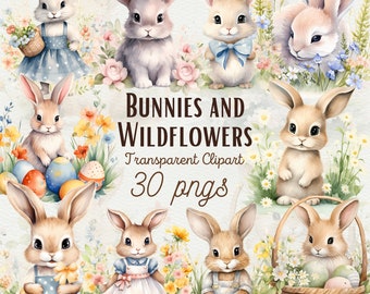Watercolor Floral Bunny Clipart Bunnies and Wildflowers Clipart Nursery Spring Clipart Cute Easter Bunny PNG Wildflower PNG Commercial Use