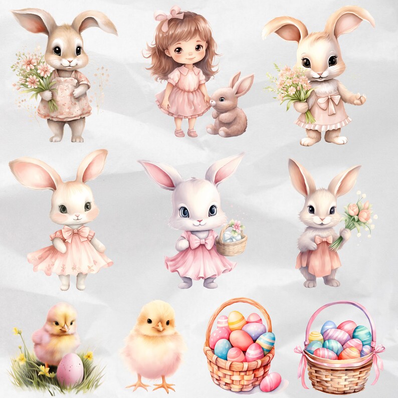 Create an enchanting Easter atmosphere with Pink Watercolor Easter Clipart – Bunny Graphics and Easter Egg PNG in soft pink shades. Perfect for designing a Nursery Easter haven with Cute Bunny illustrations. Commercial Use.