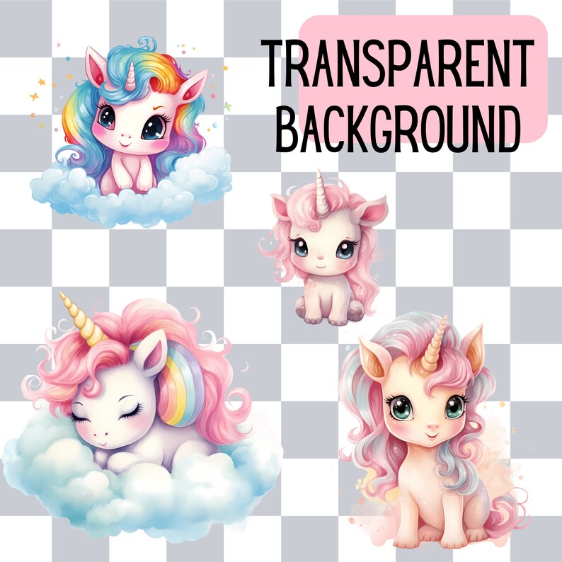 Kawaii Unicorn Clipart: Adorable watercolor images of kawaii-style unicorns and rainbows, perfect for adding a touch of magic to your projects. Commercial use allowed for versatility