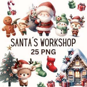 Joli père Noël atelier Clipart aquarelle Noël Clipart Bundle Mignon chambre de bébé Noël PNG Renne mignon Clipart bonhomme de neige PNG usage commercial