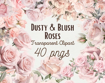 Dusty Rose Watercolor Clipart, Blush Pink Floral PNG (Commercial Use)