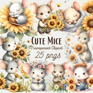 Mouse floreale dell'acquerello Clipart Summer Mouse PNG Clipart Grafica del mouse dell'acquerello Winter Junk Mouse carino con fiore estivo Uso commerciale